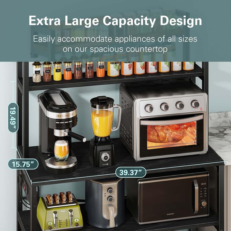 Denkee Large Bakers Rack with Power Outlets, 38 Inch Microwave Stand with Storage, 5-Tier Coffee Bar Stand, Industrial Kitchen Shelf Rack, Charcoal Black - Image 4